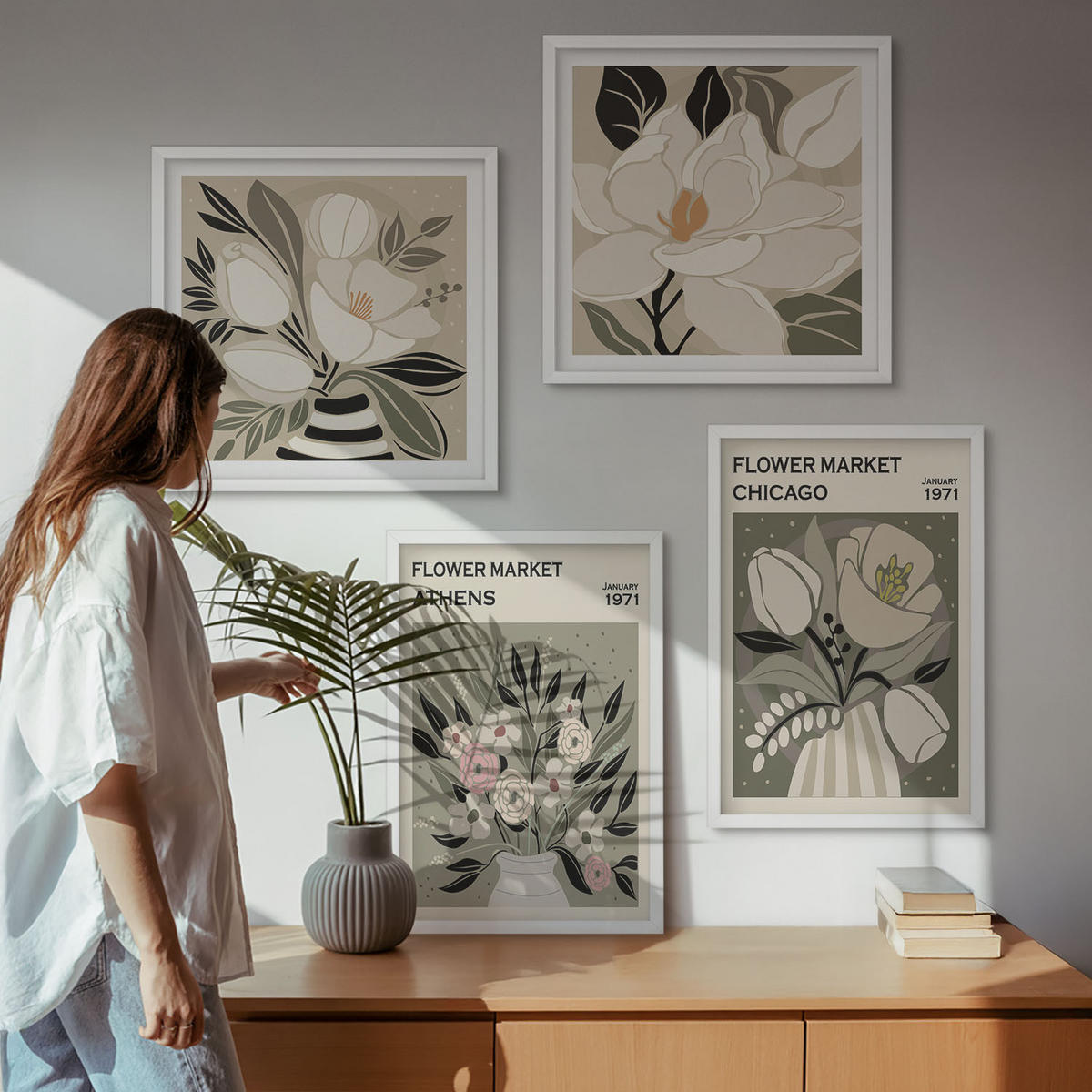 BILDER SET 4er Set - 50x50 cm & 40x60 cm Weißer Rahmen - Retro-Blumenmuster aus verschiedenen Städten - Weiß, Kunststoff (50/50cm) - TULUP