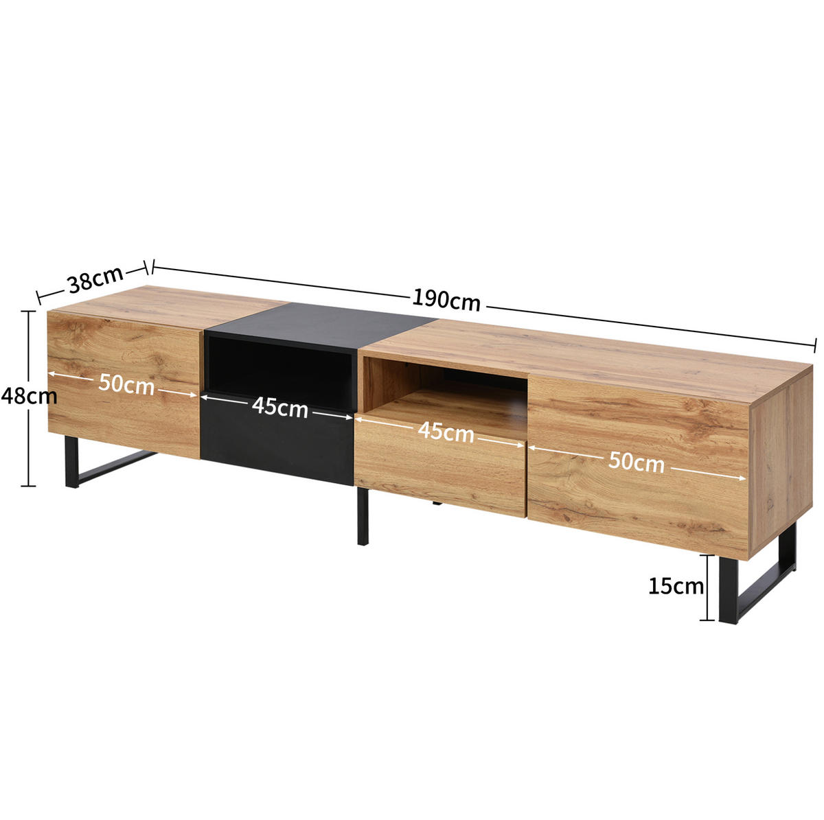 TV stalak 190/38/48 cm crni i boja prirodnog drva od MDF-a s 2 vrata i 2 ladice - prirodne boje, drvni materijal (190/48/38cm) - OKWISH