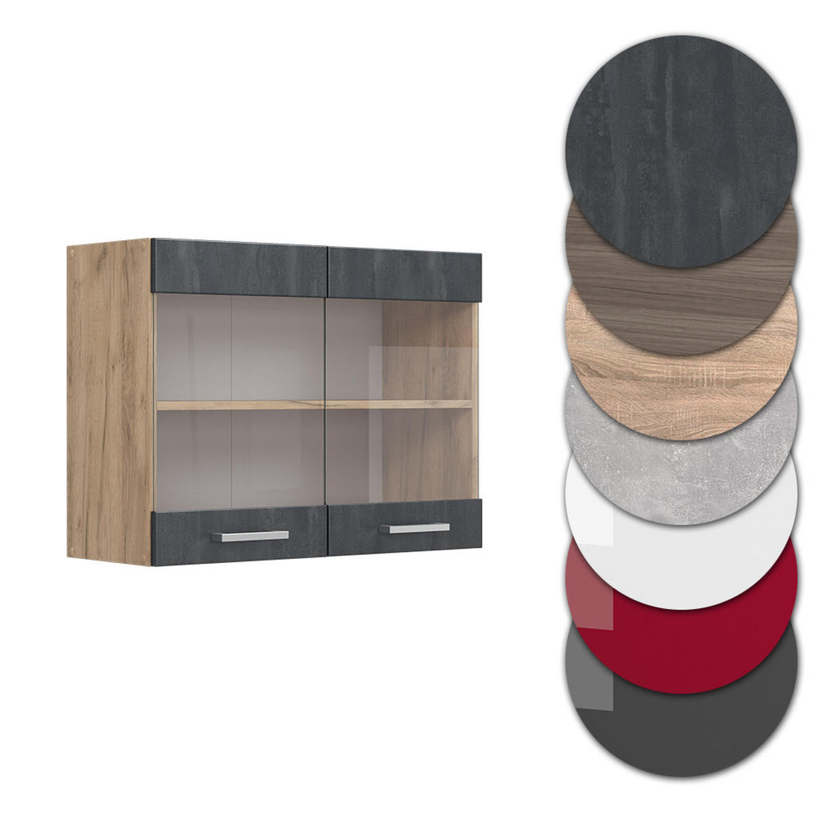 KÜCHENGLASSCHRANK R-Line Schwarz Beton 80 cm - Honigeiche/Eiche Wotan, Holzwerkstoff (80/60/31cm) - Vicco