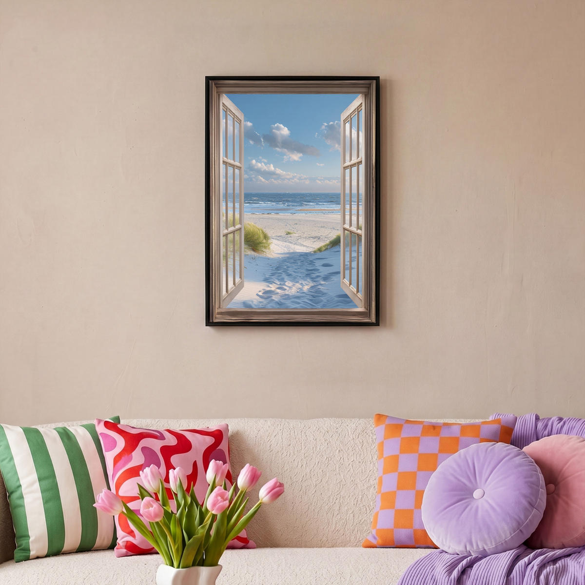 LEINWAND Bilder mit Rahmen - Aussicht - Strand - Fenster - Dünen - Meer - 40x60 - Hellblau, Textil (40/60cm) - MuchoWow