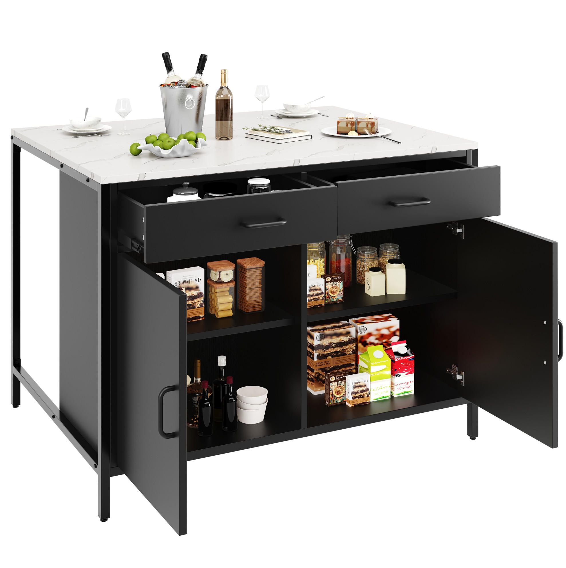 STEHTISCH 100x90x90cm Schwarz Marmoroptik mit 2 Schubladen & Eisenbeinen - Schwarz, Holzwerkstoff (100/90/90cm) - Modfu