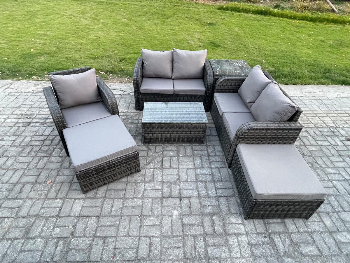 LOUNGESOFA-SET Polyrattan Dunkelgrau 7-Sitzer - Dunkelgrau, Metall - Fimous