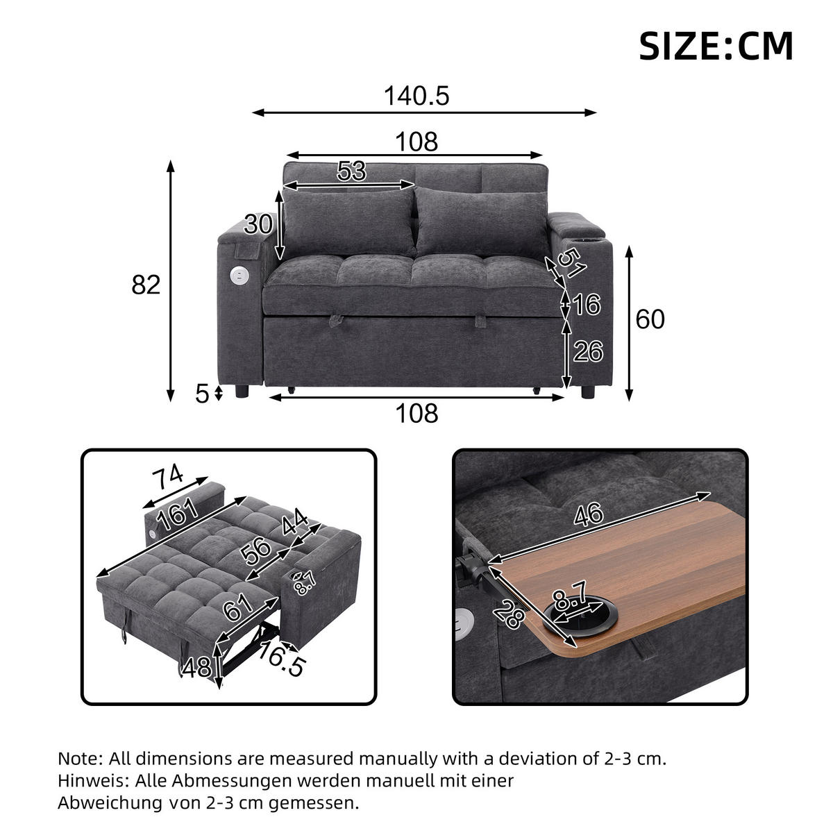 SCHLAFSOFA Stoff 3-in-1 mit USB-Anschluss, ausziehbar 140,5/74/82 cm (bis 161 cm), Grau - Grau, Textil (140.5/82/74cm) - Redom