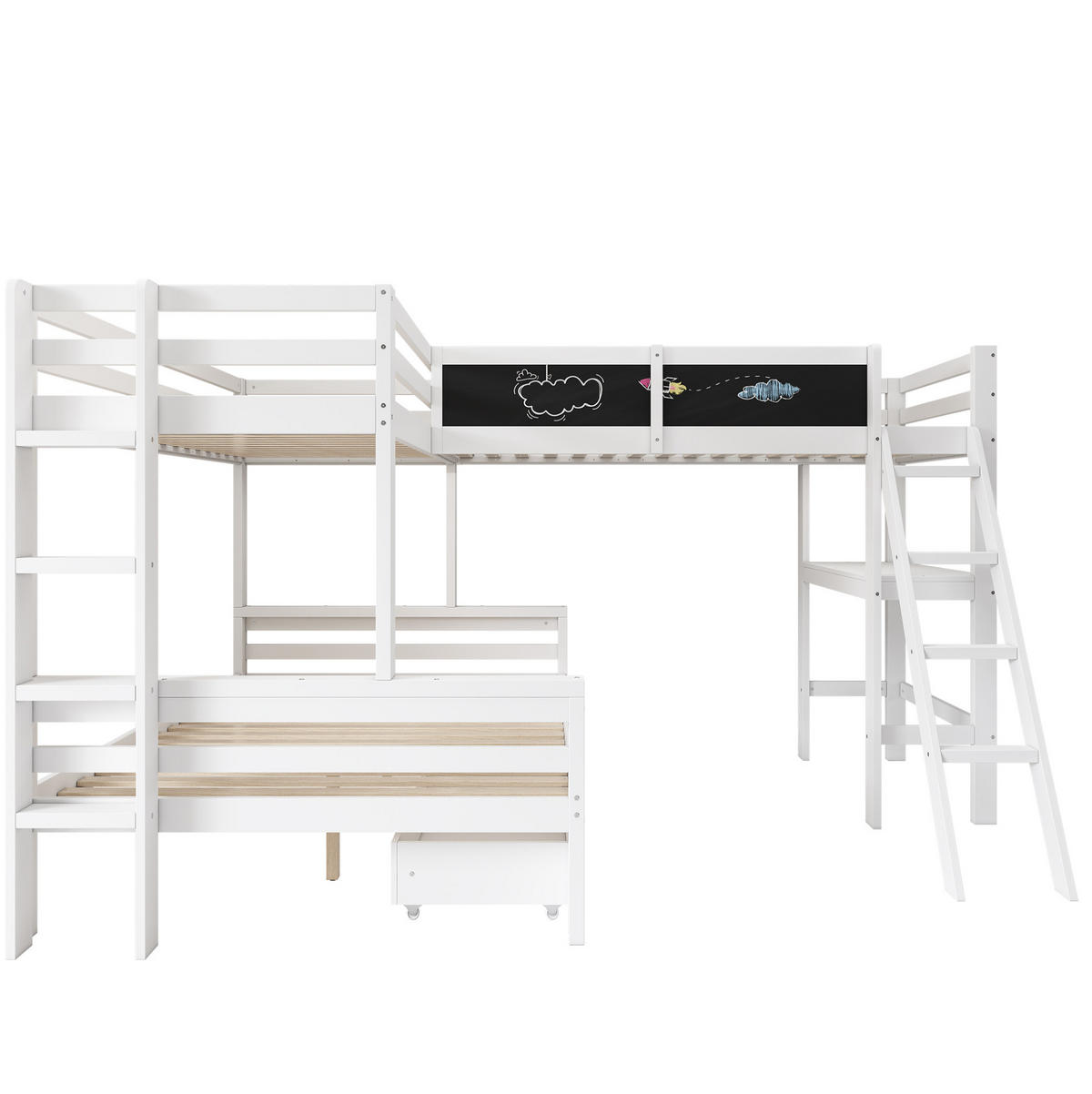 ETAGENBETT 140/200 cm weiß/eichefarben aus Massivholz mit Schreibtisch - Weiß, Holz (140/200cm) - OKWISH