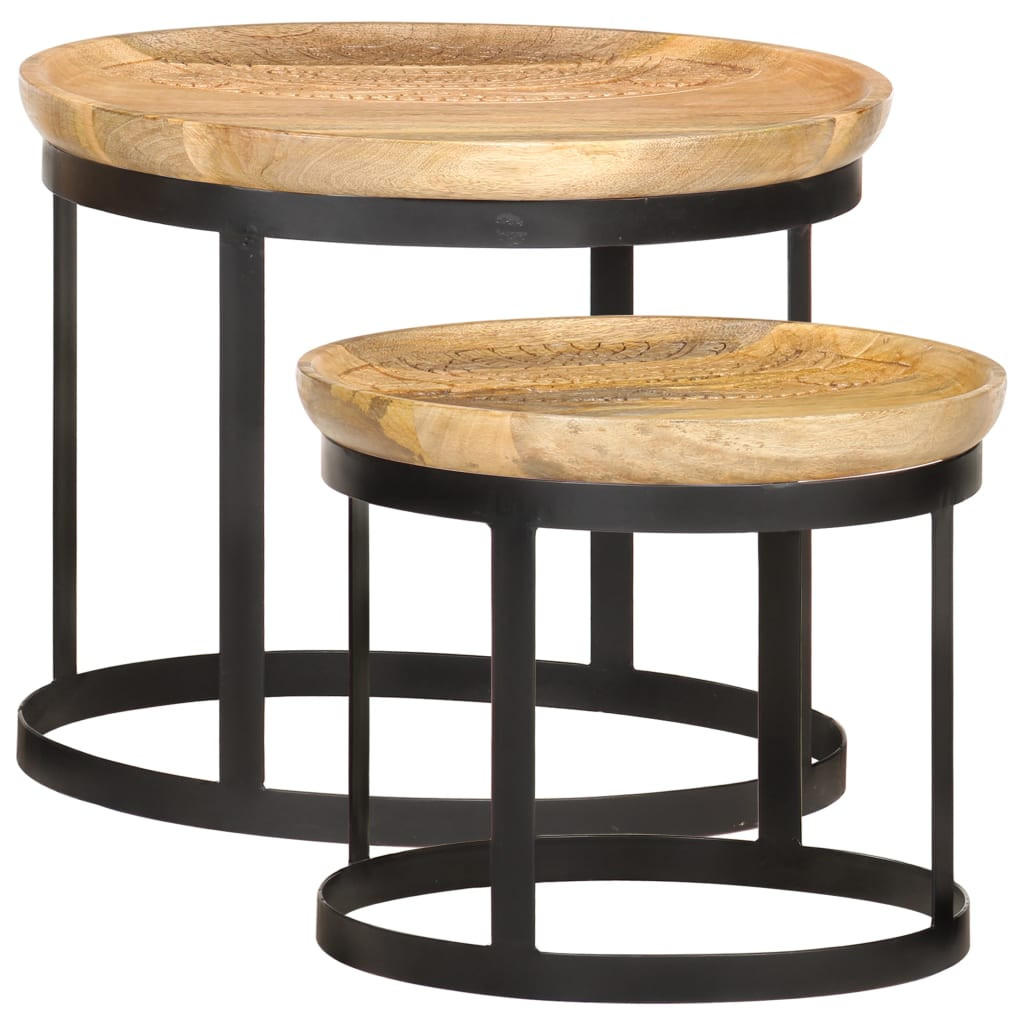 RUNDE Beistelltische 2er set Mango Massivholz Und Stahl - Schwarz/Braun, Holz/Metall (53/53/44cm) - vidaXL