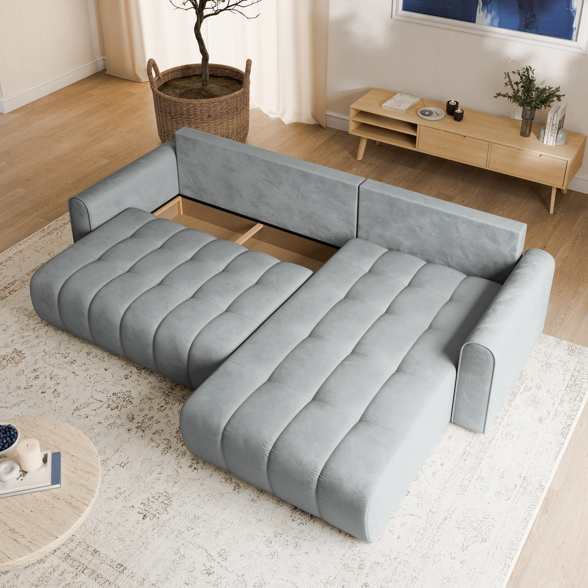ECKSOFA FRIGA Hellgrau Velours-Stoff mit Schlaffunktion - Hellgrau, Holz (283/185cm) - MASSENO