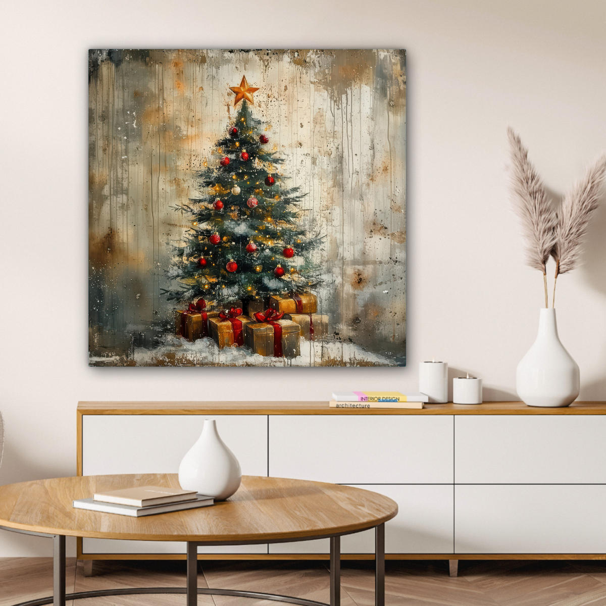 LEINWANDBILD Weihnachtsbaum - Vintage - Weihnachten - Geschenk 90x90 cm - Rostfarben, Textil (90/90cm) - MuchoWow