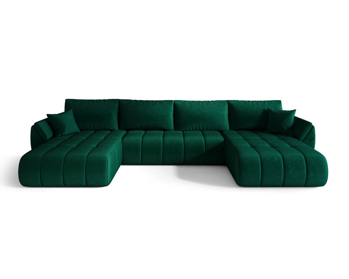 WOHNLANDSCHAFT SYDNEY PREMIUM U-Form grün Velours Monolith 37 - Schlaffunktion, Bettkasten - Grün, Textil (385/85/175cm) - Cornero