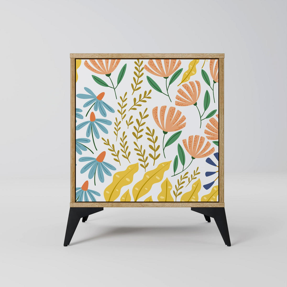 SIDEBOARD HELLO SPRING, Eichefarben, 57,5x42x67,5 cm, Schwarze Metall-Rahmenfüße - Eichefarben/Multicolor, Holzwerkstoff/Metall (57.5/67.5/42cm) - SpaceRebels