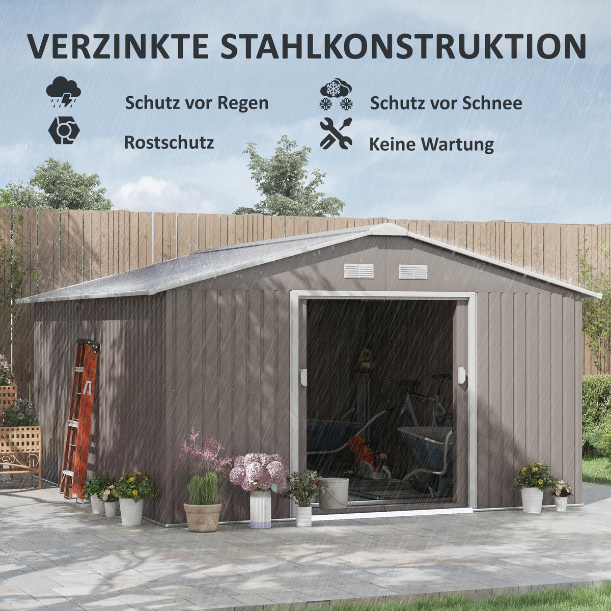 GERÄTEHAUS 386/340/200 cm Hellgrau mit Schiebetür und Fundament - Hellgrau, Metall (386/200/340cm) - Oxeza