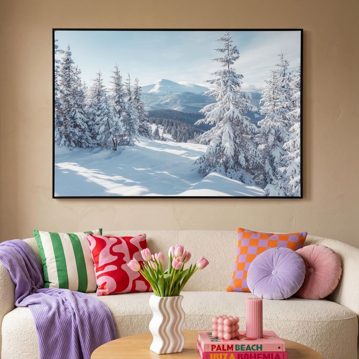LEINWAND Bilder mit Rahmen - Winterlandschaft - Natur - Berge - Bäume - Schnee - 120x80 - Hellblau, Textil (120/80cm) - MuchoWow
