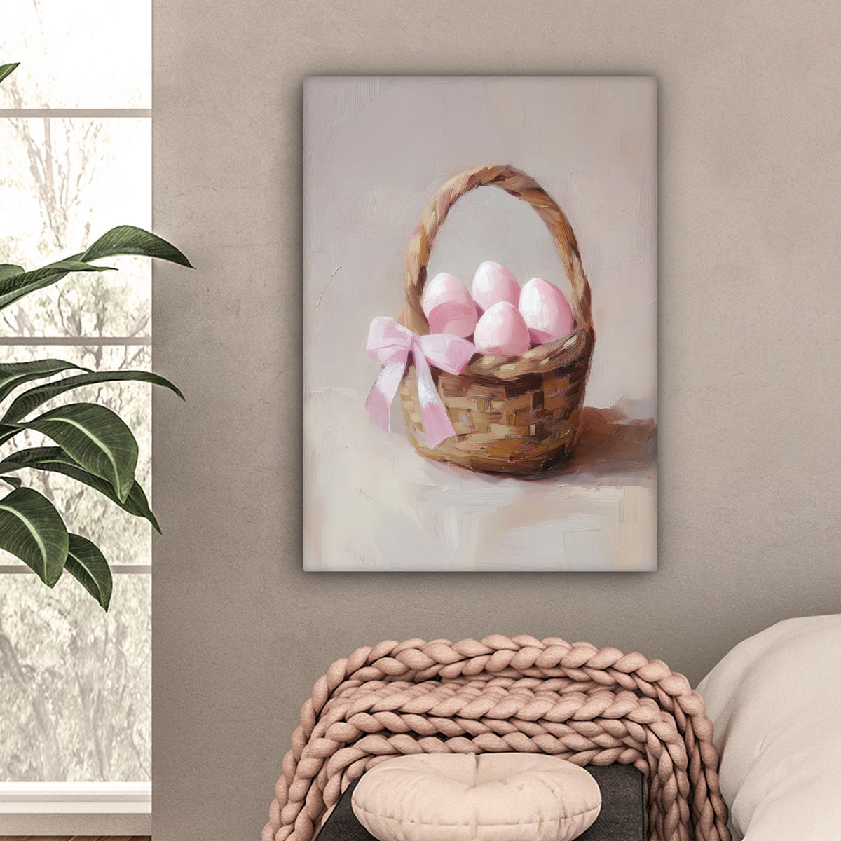 LEINWANDBILD Korb - Eier - Rosa Wandbild Wohnzimmer 60x80 cm - Beige, Textil (60/80cm) - MuchoWow