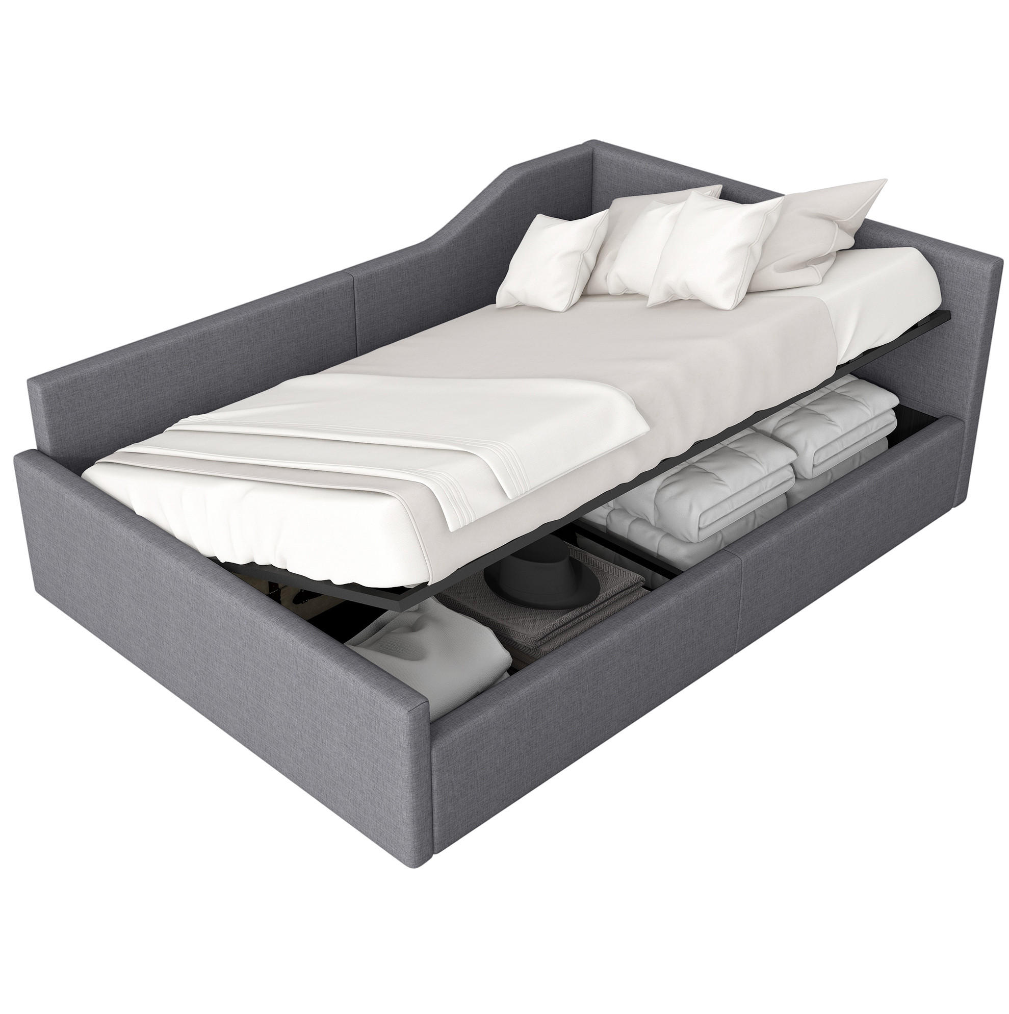 TAGESBETT 140/200 cm mit Stauraum, Rückenlehne und Leinenbezug, Grau - Grau, Holzwerkstoff (140/200cm) - Redom