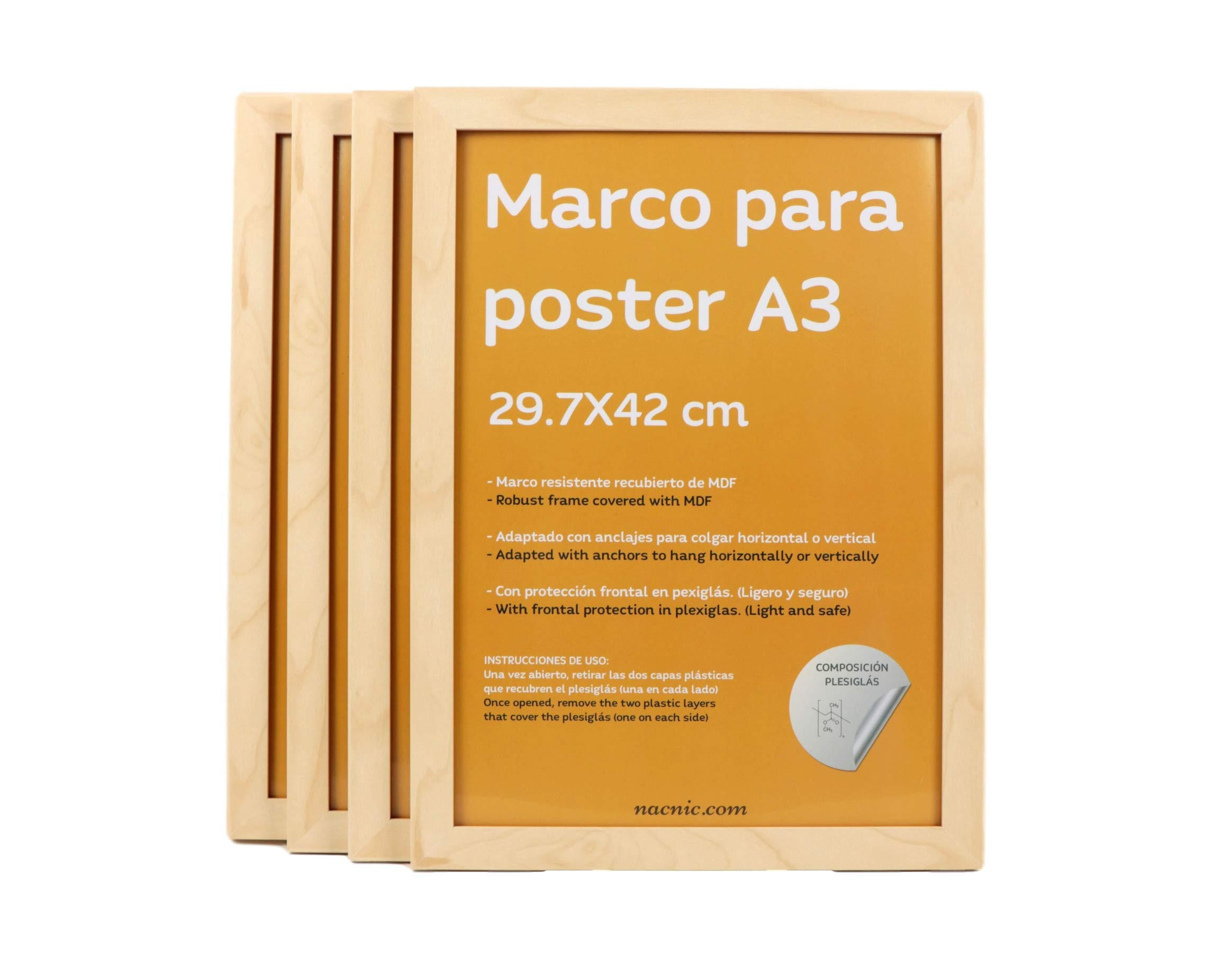 RAHMEN Set mit 4 aus MDF und Acrylglas Schutz und Aussteller für Fotografien, Bilder, Poster, Gemälde, Dekoration für Haus Farbe Hellholz A3 - Beige, Holz (29.7/3/42cm) - Nacnic