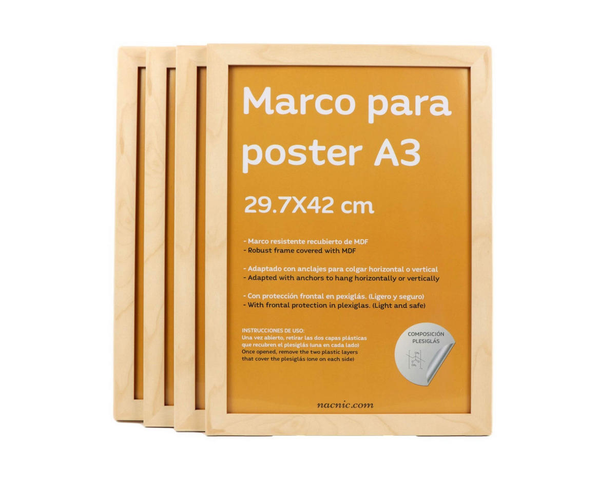 RAHMEN Set mit 4 aus MDF und Acrylglas Schutz und Aussteller für Fotografien, Bilder, Poster, Gemälde, Dekoration für Haus Farbe Hellholz A3 - Beige, Holz (29.7/3/42cm) - Nacnic