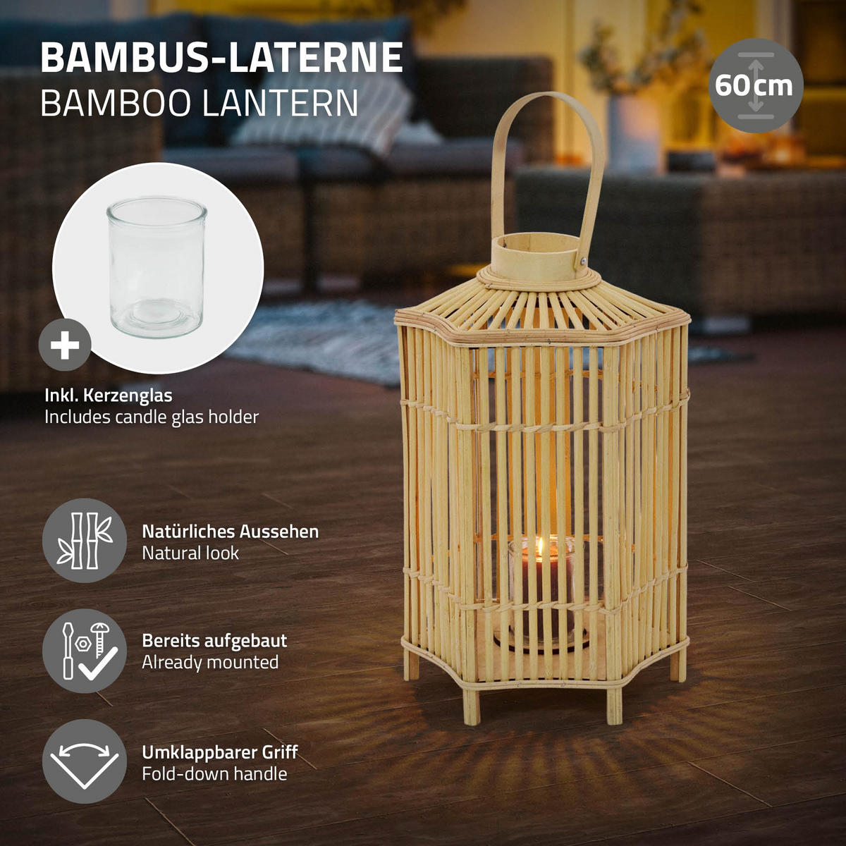 BAMBUSOVÁ LAMPION V: 60 cm, barva dřeva, styl boho - přírodní, dřevo (30/60/30cm)