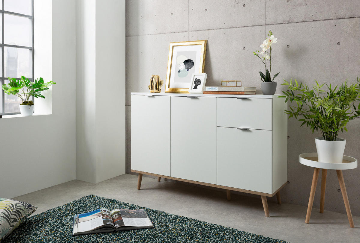 KOMMODE weiß matt, Eiche Sonoma massiv 120 cm, Sideboard 3-türig - Chromfarben/Eichefarben, Holz/Holzwerkstoff (120/85/40cm) - Furn.Design