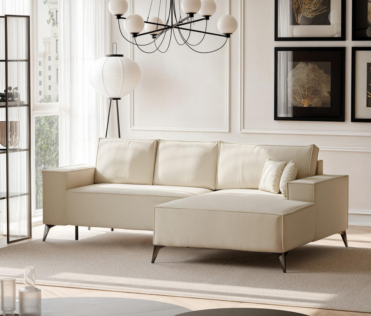 ECKSOFA OTIS Rechts, mit Schlaffunktion und Bettkasten, Creme - Creme, Textil/Metall (294/185cm) - Idohome