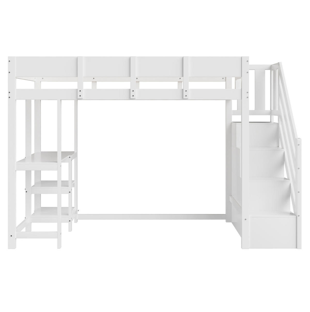 HOCHBETT aus Kiefernholz 90x200 cm Weiß mit Stauraumtreppe, Ablageregal und Rundum-Schutzgittern - Weiß, Holzwerkstoff (90/200cm) - Modfu