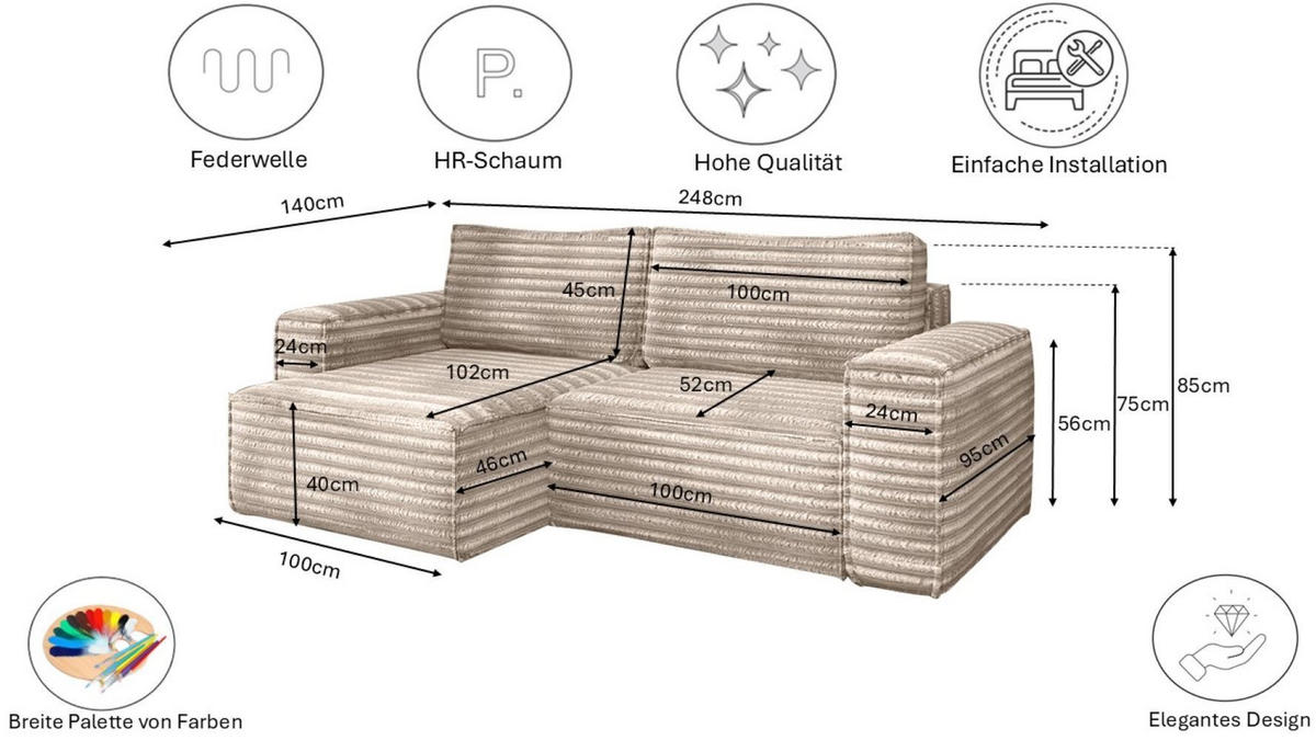 ECKSCHLAFSOFA Bohoo-Ecksofa mit Schlaffunktion stoff Velo Beige Links - Beige, Holz/Textil (140/248cm) - Kaiser Möbel