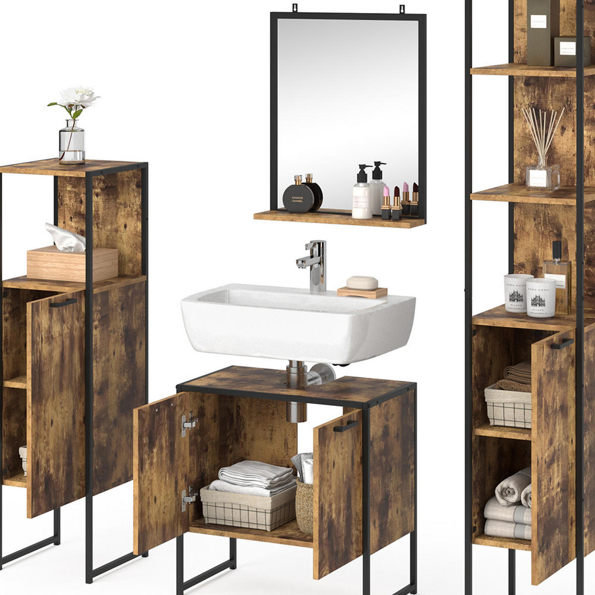 BADMÖBEL-SET Fyrk Antikholz 4 Teile, mit Hochschrank - Alteiche/Schwarz, Holzwerkstoff (60/60/33cm) - Vicco