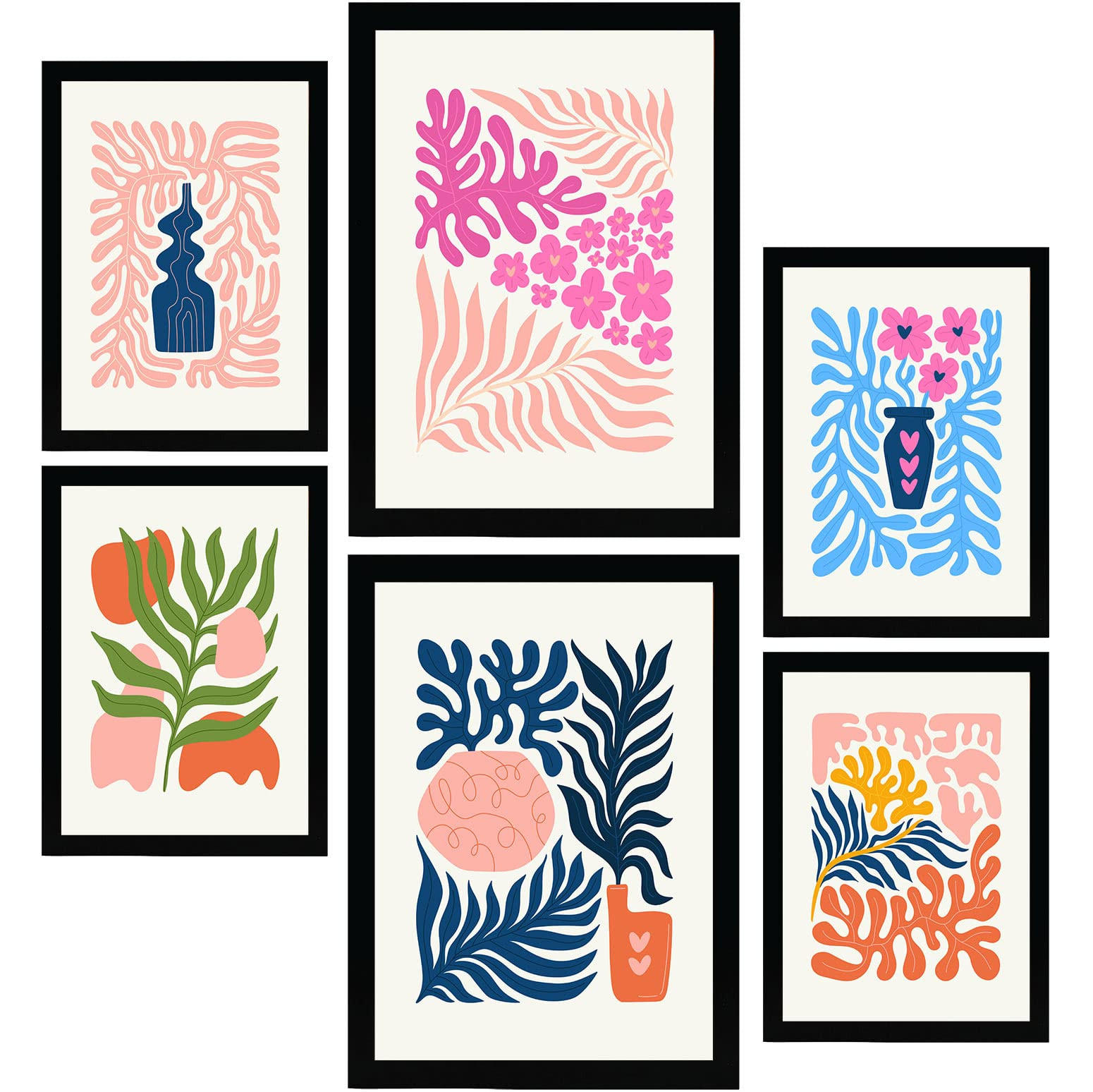 POSTER Set Mit 6 Minimalistischen In Pastellfarben Flower Power Drucke Von Landschaften Und Natur Für Innenarchitektur A3 & A4 Schwarzer Rahmen - Schwarz, Papier (29/3cm) - Nacnic