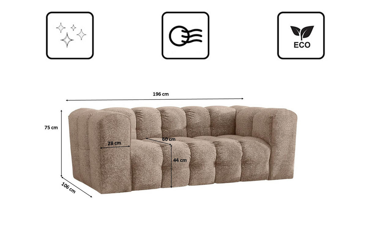 SOFA 2-Sitzer, Komfort, BALOO, stoff Schenille & Bouclé, Dunkelbeige - Taupe, Holz (196/75/106cm) - Kaiser Möbel