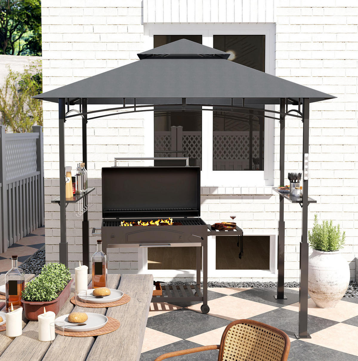 GRILLPAVILLON 243/148/248 cm dunkelgrau aus Metall mit LED - Dunkelgrau, Metall (243/248/148cm) - OKWISH