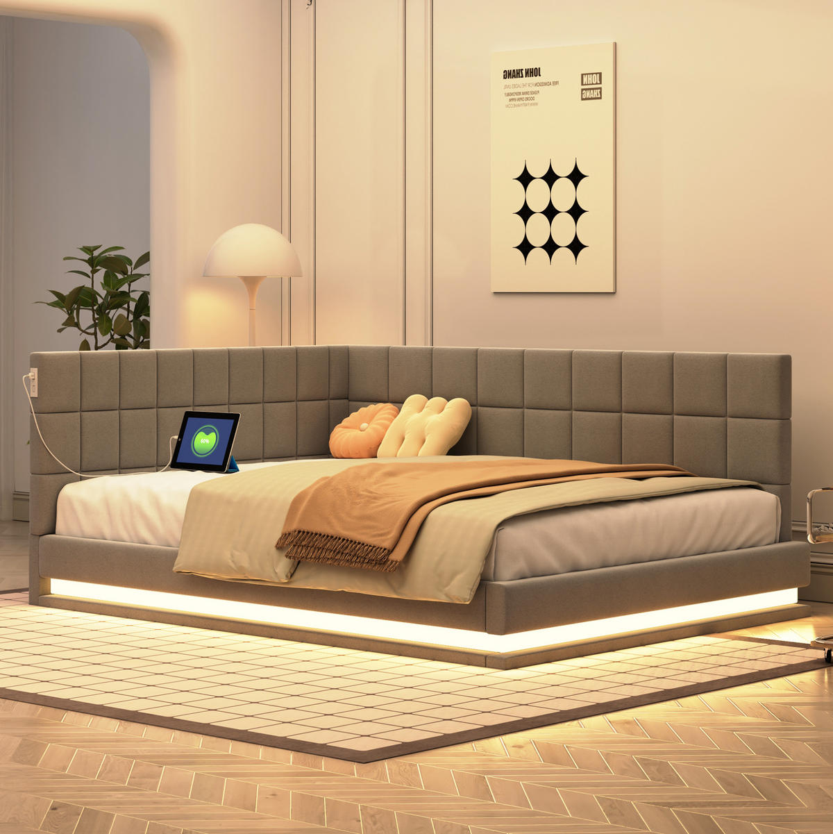 POLSTERBETT 140/200 cm mit LED-Lichtleiste, USB-Anschluss und Lattenrost, Leinen, Grau - Grau, Textil (140/200cm) - Redom