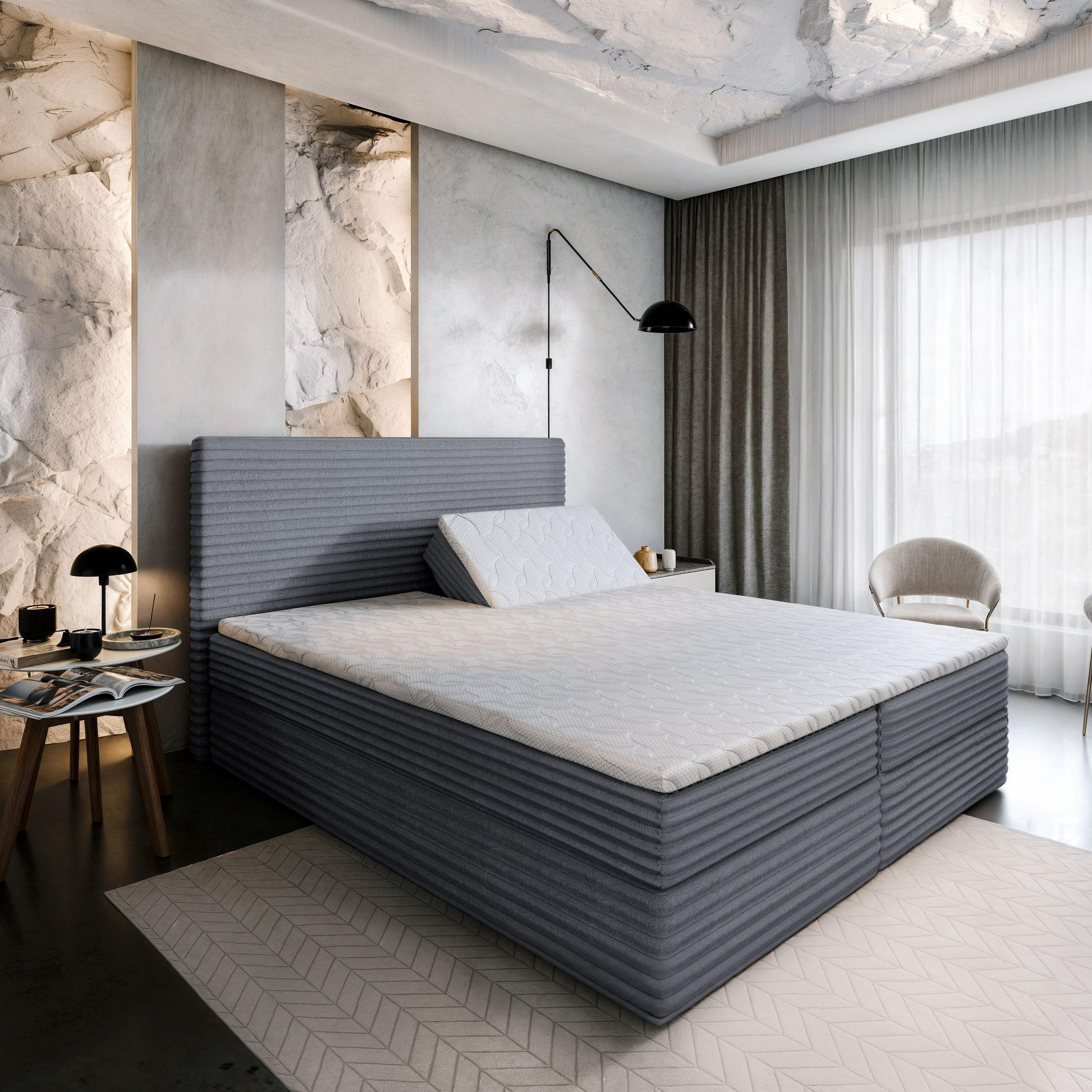 BOXBETT MILARA 140x200 cm mit Matratze und Topper - Grau - Grau, Holz (140/200cm) - MASSENO