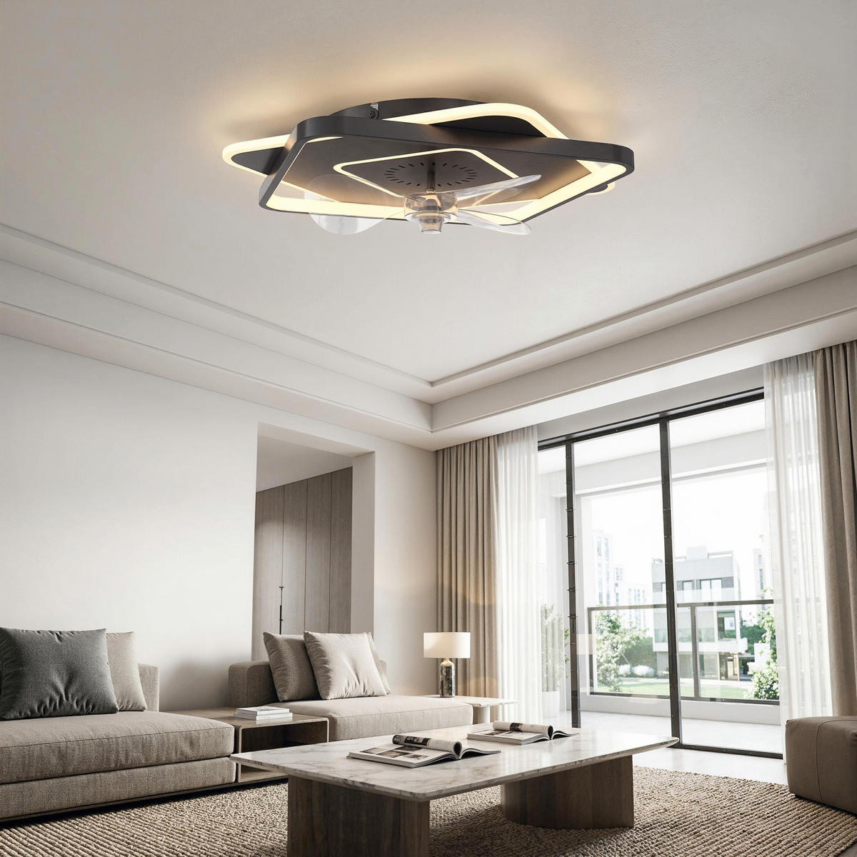 DECKENVENTILATOR-MIT-LICHT Stahl Acryl Schwarz - Schwarz, Metall (53/53/12.5cm) - HOMCOM