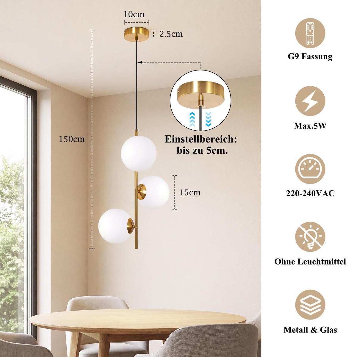 PENDELLEUCHTE Fyrith 34.5/15/150 cm - Goldfarben/Weiß, Glas/Metall (34.5/15/150cm) - ZMH