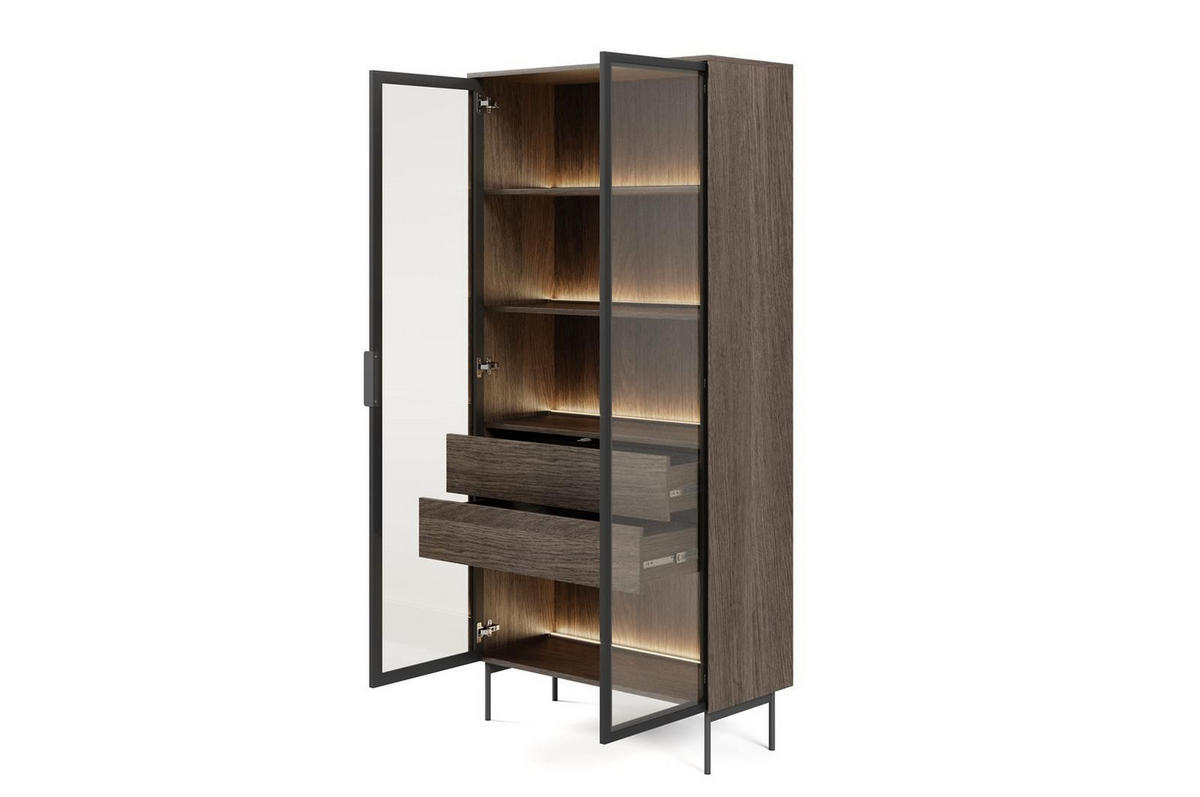 VITRINE Ilumi Eiche Dunin, Zweitürige Hochvitrine - Eichefarben/Schwarz, Holzwerkstoff/Metall (92/195/39cm) - Bettso
