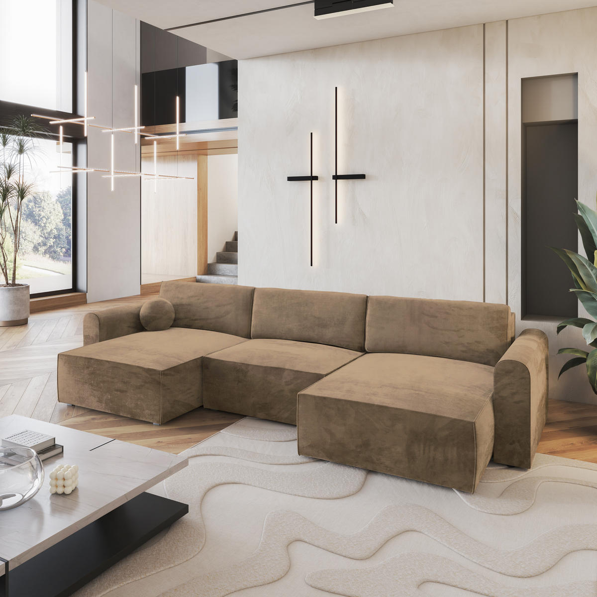 WOHNLANDSCHAFT FENTO M Beige Velours-Stoff mit Schlaffunktion - Beige, Holz (347/90/148cm) - MASSENO