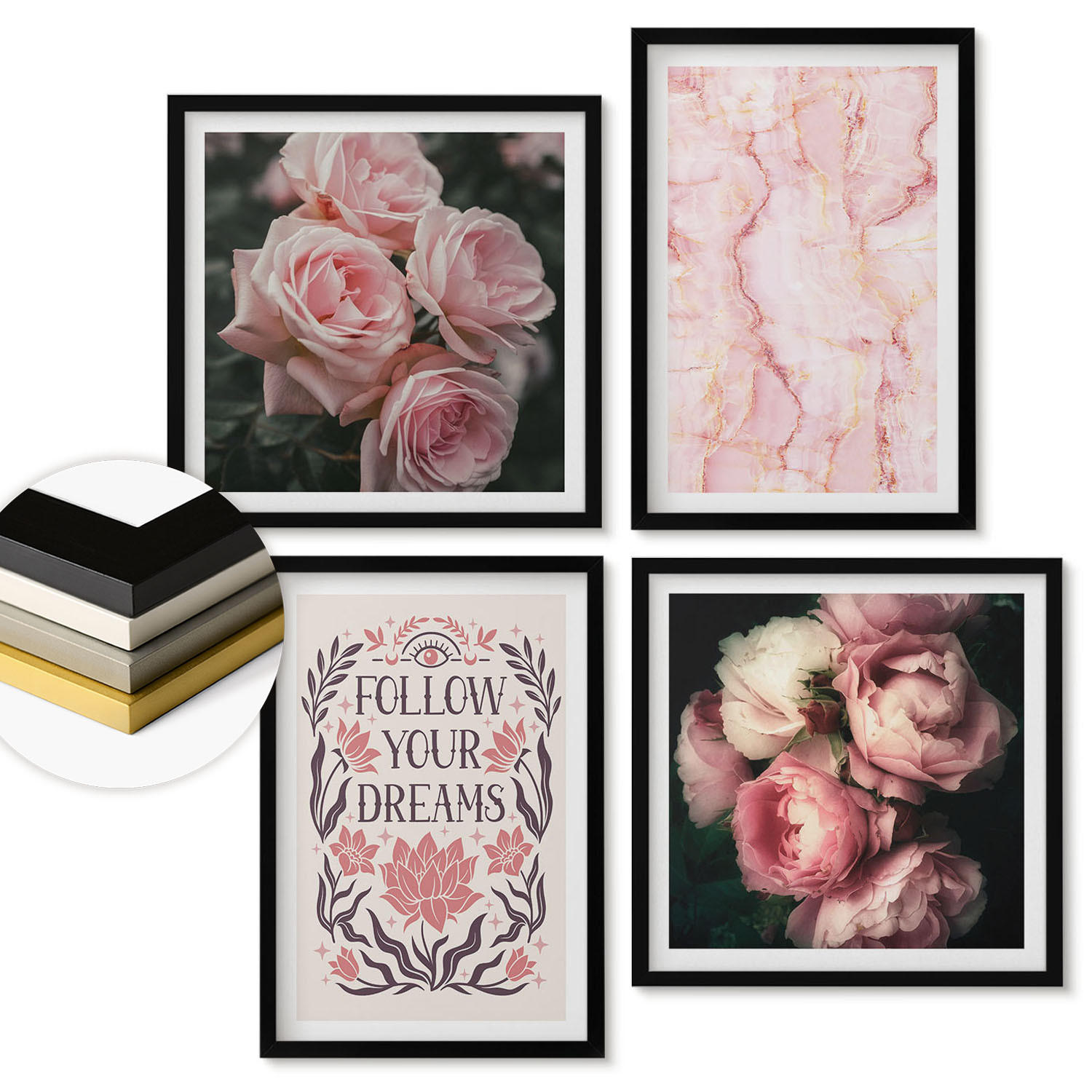 WANDBILDER 4er-Set - 50x50 cm & 40x60 cm Schwarzer Rahmen - Vintage-Rosen-Marmorträume - Schwarz, Kunststoff (50/50cm) - ArtPrintCave