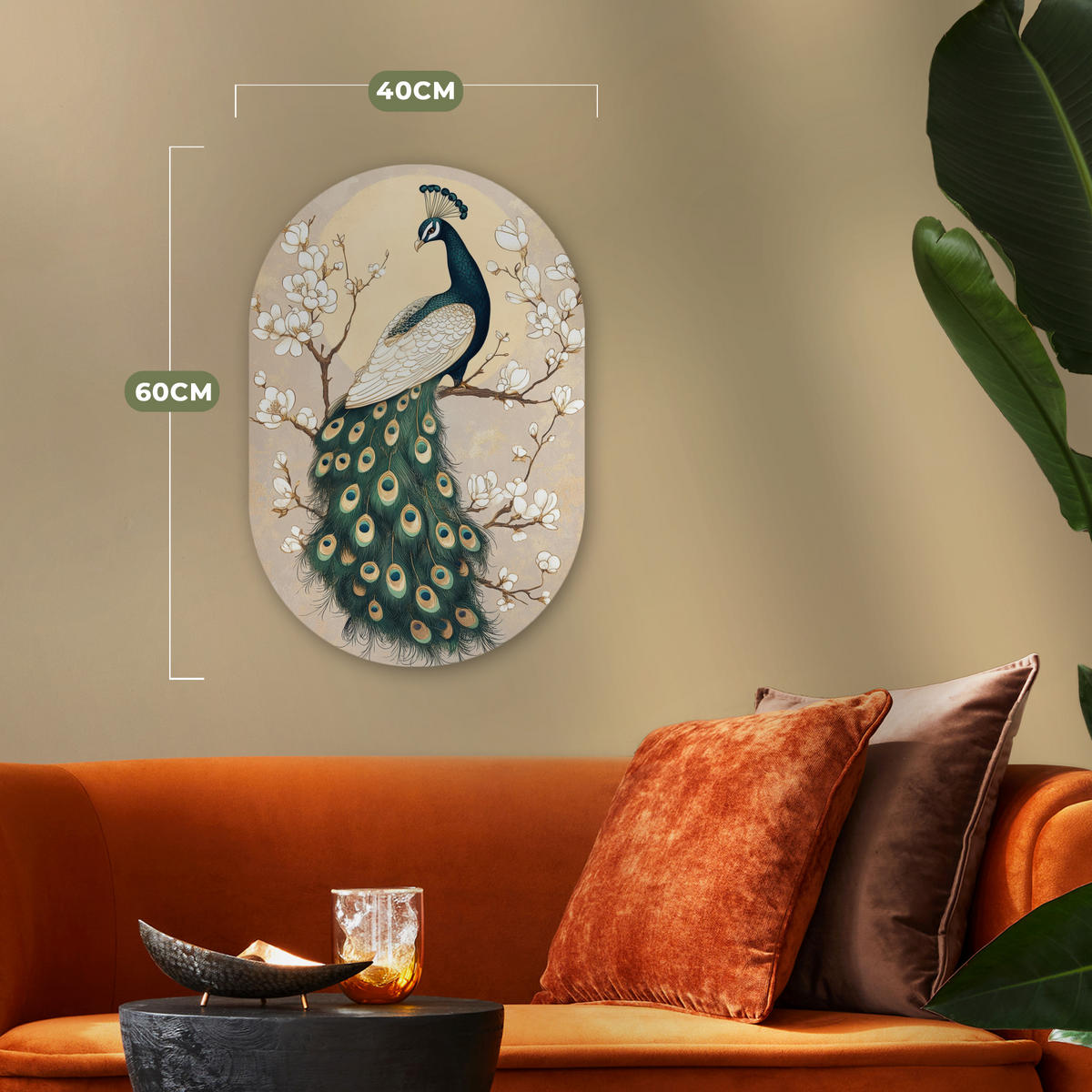 WANDBILD Pfau - Zweig - Blumen 40x60 cm - Champagner, Kunststoff (40/60cm) - MuchoWow