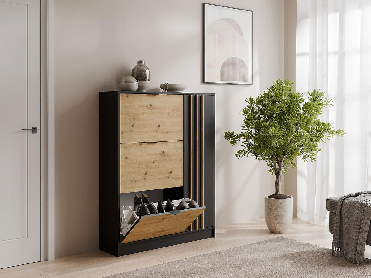 SCHUHSCHRANK - 102 cm x 30 cm - holz - schwarz, naturfarben hell Janakia - Schwarz/Naturfarben, Holz (102/130/30cm) - Vente-Unique