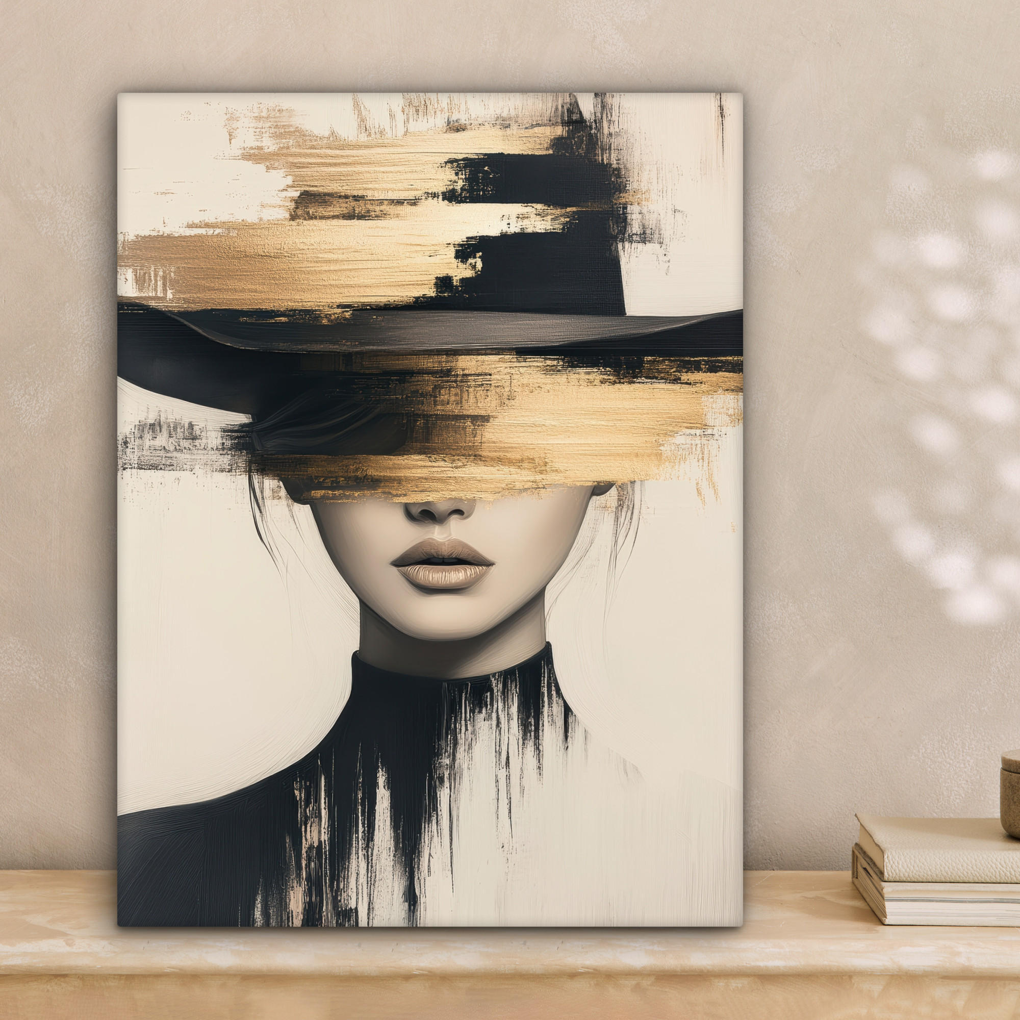 LEINWANDBILD Frau - Hut - Farbe 30x40 cm - Goldfarben, Textil (30/40cm) - MuchoWow