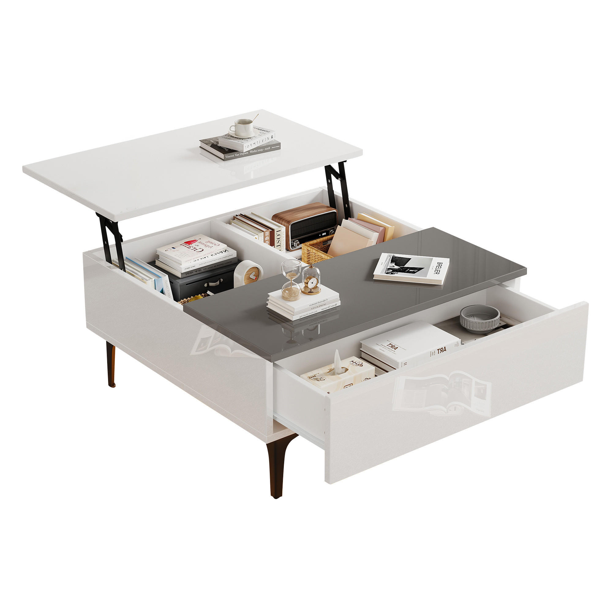 Modfu KONFERENČNÍ stolek z MDF 70x70x35 cm bílo-šedý s výklopnou deskou, LED osvětlením a úložným prostorem