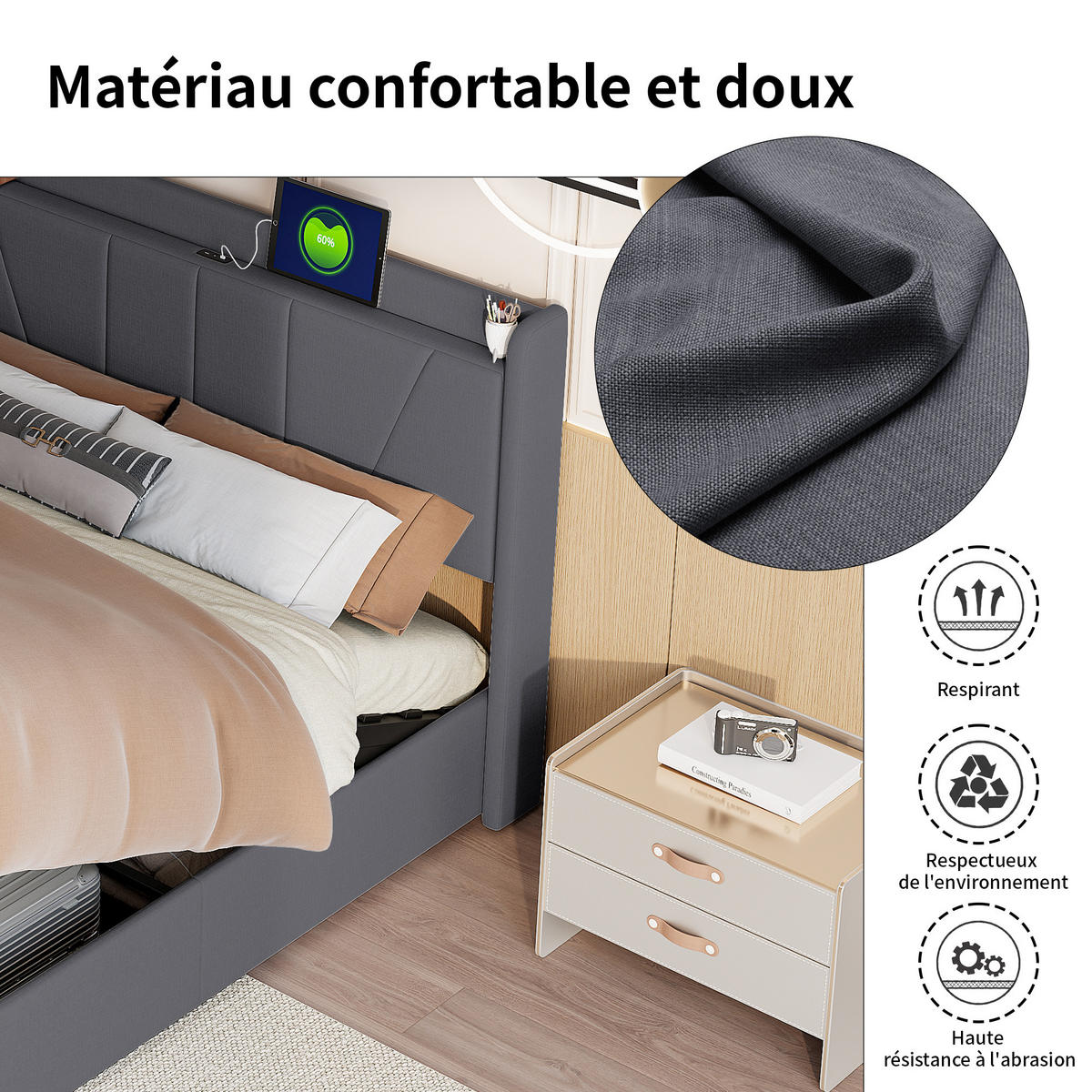 POLSTERBETT 140x200 cm, Grau, LED-Beleuchtung und USB - Grau, Textil/Metall (140/200cm)