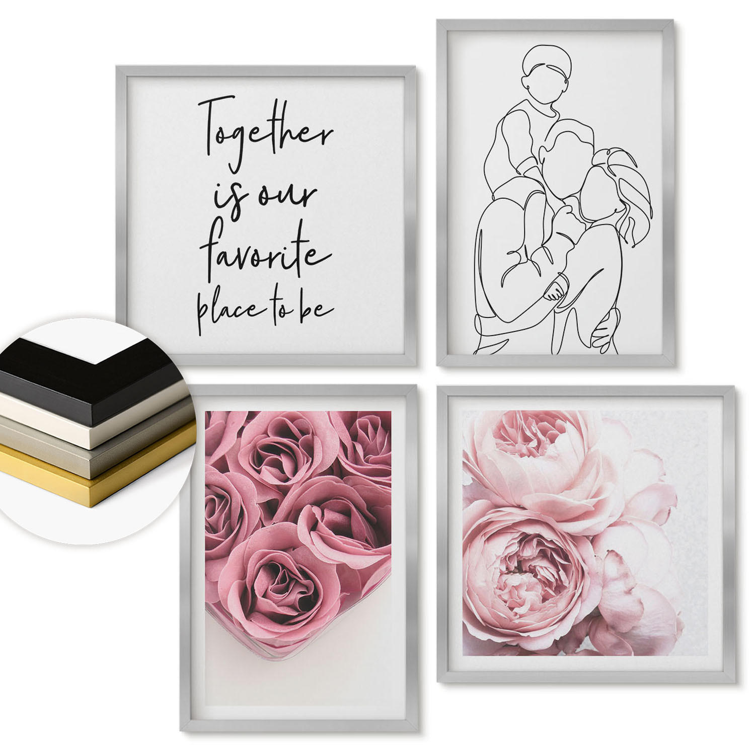 WANDBILDER 4er Set - 50x50 cm & 40x60 cm Silberner Rahmen - Rosensträuße als Familienzeichnung - Silberfarben, Kunststoff (50/50cm) - ArtPrintCave