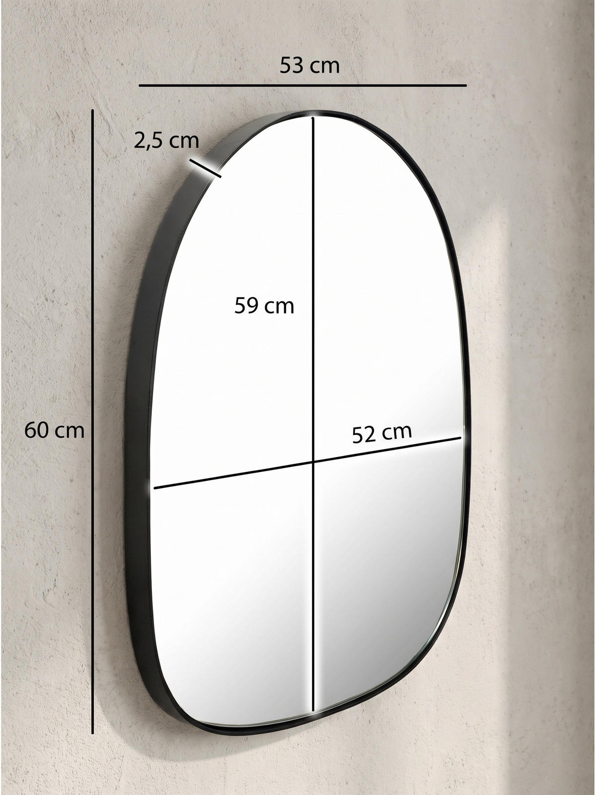 WANDSPIEGEL Asymmetrisch Metall Schwarz 53x60 cm Moderner Rahmen - Schwarz, Glas (53/60/3cm) - KADIMA DESIGN