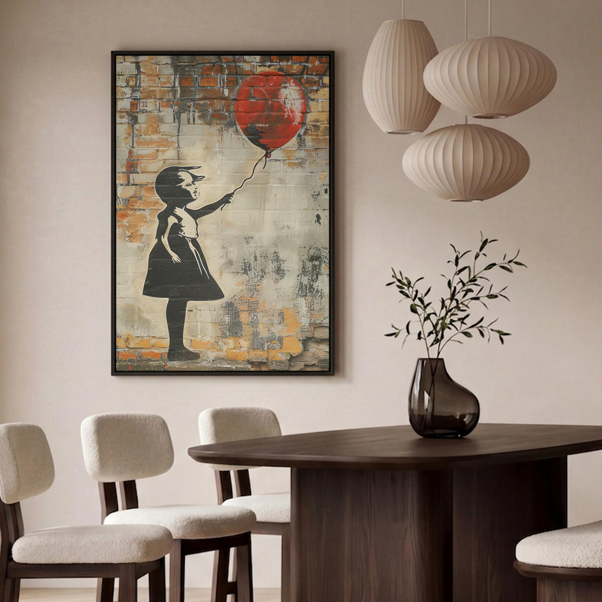LEINWAND Bilder mit Rahmen - Graffiti - Banksy - Mädchen - Straßenkunst - 90x140 - Sandfarben, Textil (90/140cm) - MuchoWow