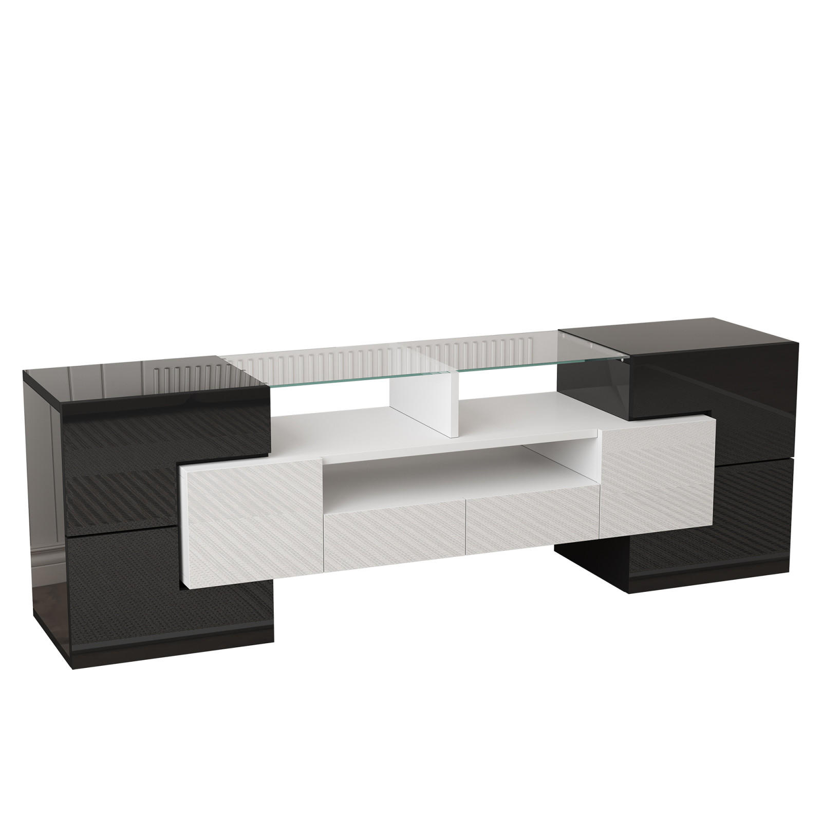 TV Lowboard LED, Hochglanz, 4 Türen, 2 Schubladen, Schwarz - Schwarz, Holz (145/51/30cm)