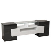 TV Lowboard LED, Hochglanz, 4 Türen, 2 Schubladen, Schwarz - Schwarz, Holz (145/51/30cm)