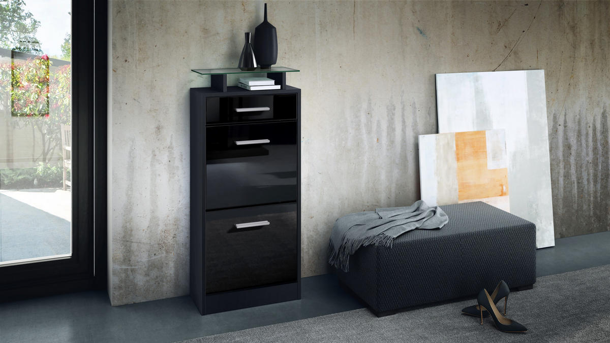 SCHUHSCHRANK Loret Front in Schwarz Hochglanz - Schwarz Hochglanz, Holzwerkstoff (46/104/23cm) - Vladon
