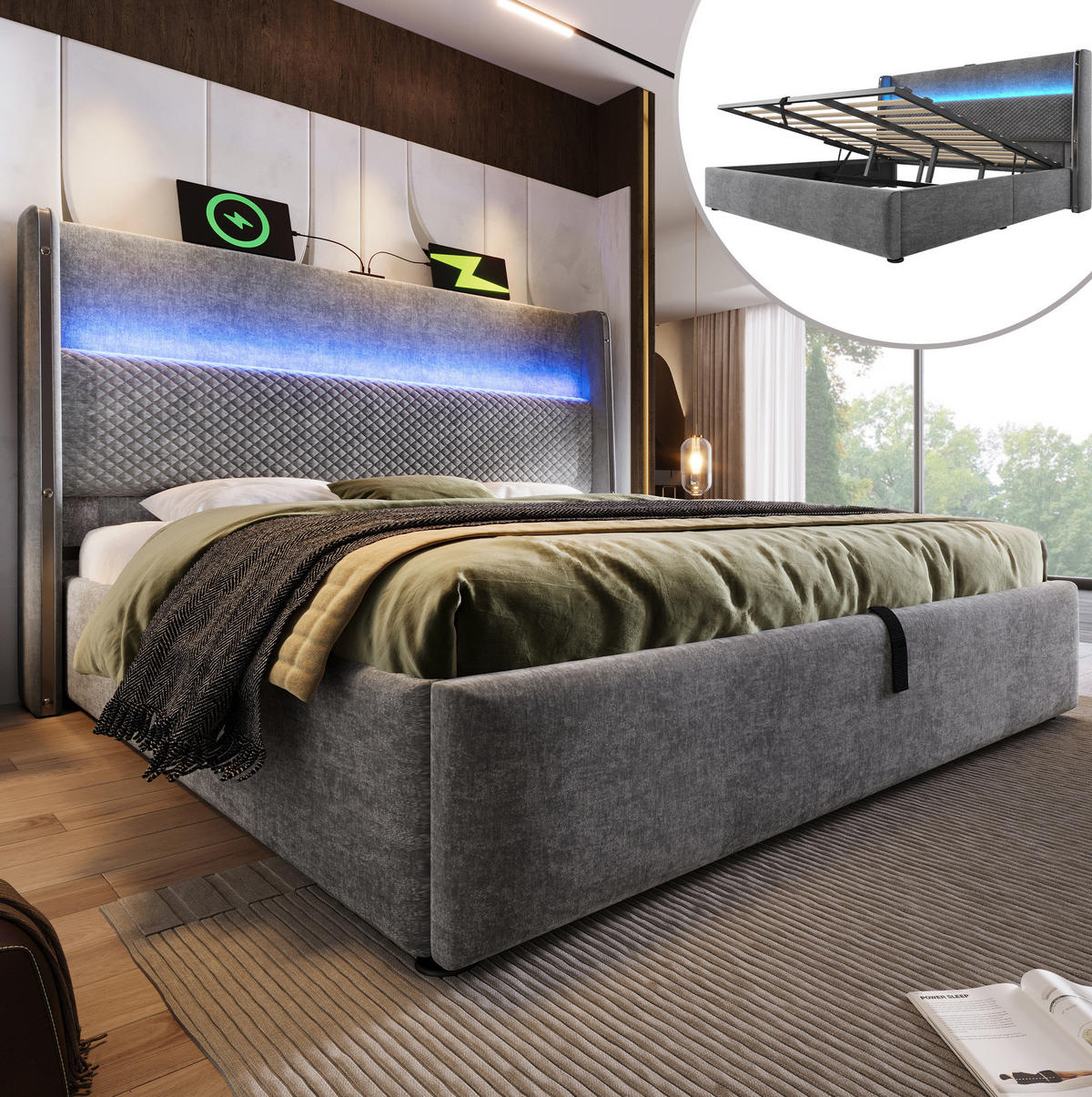 TAPECIRANI krevet od tkanine u izgledu lana 160x200 cm sivi s LED rasvjetom, USB/Type-C priključcima i hidrauličkim spremištem - siva, tekstil (160/200cm) - Modfu
