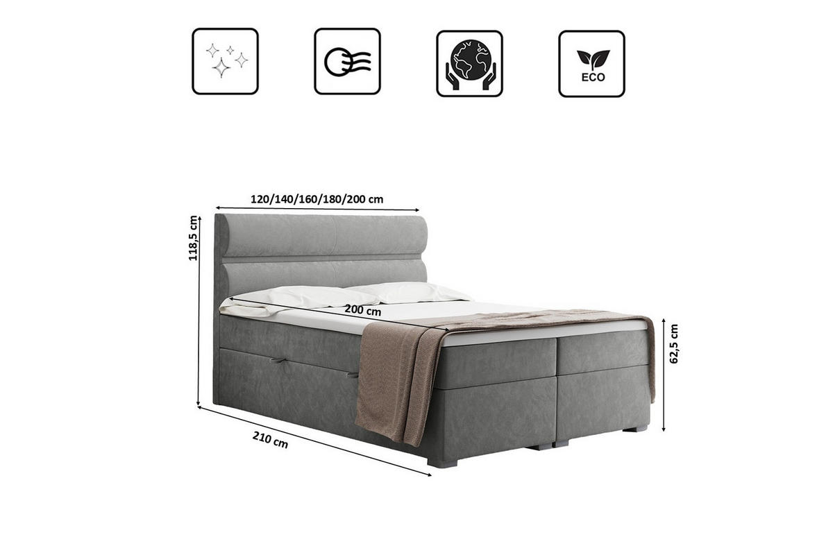 BOXBETT Mit Bettkasten, Matratze Und Topper VERA Stoff Riviera 200x200 cm Grau H3-Bonell - Grau, Holz/Textil (200/200cm) - Kaiser Möbel