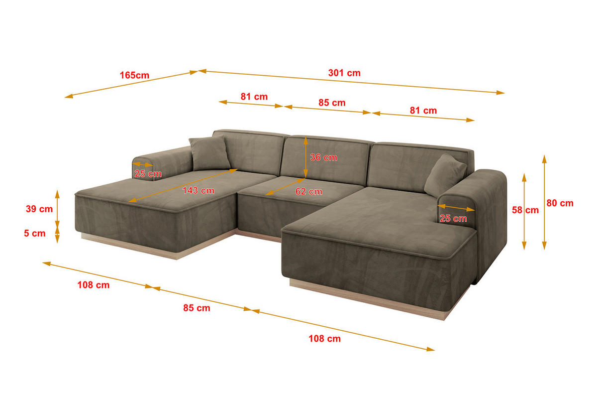 SEDACÍ SOUPRAVA ve tvaru U IREA-U1 301x165x80 Hnědá Velur - černá/hnědá, kompozitní dřevo/textil (303/83/171cm) - ALTDECOR
