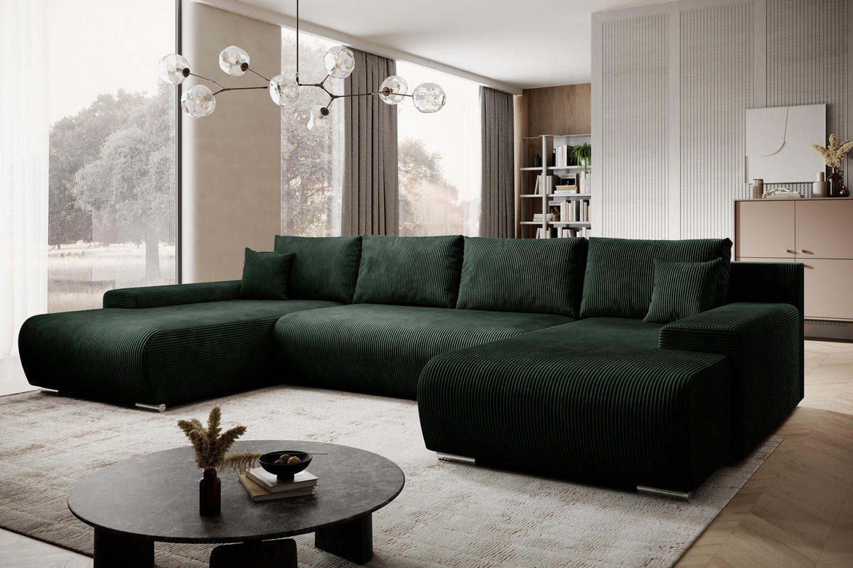 ECKSOFA Credo mit Schlaffunktion und Bettkasten, Couch U-Form, 348x81x185 cm, Grün - Grün, Holz (348/170cm) - PROMETO Möbel